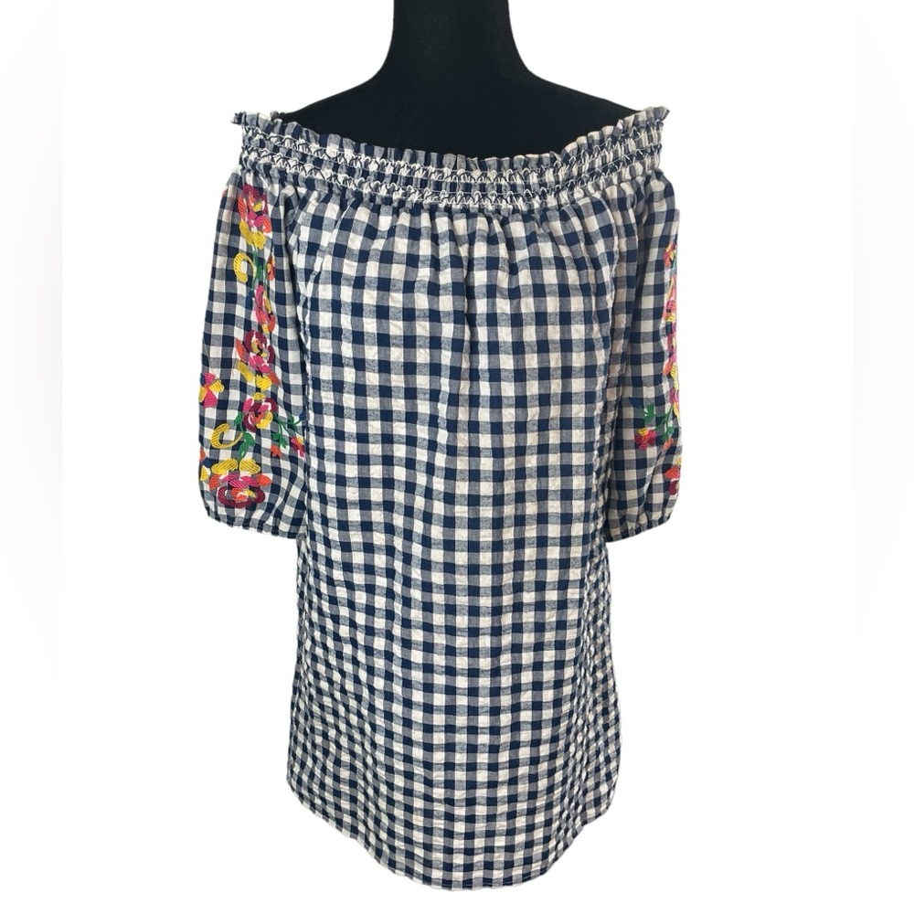 Skies Are Blue Navy Gingham Off Shoulder
Embroidered 3/4 Sleeve Dress - Picture 3 of 11